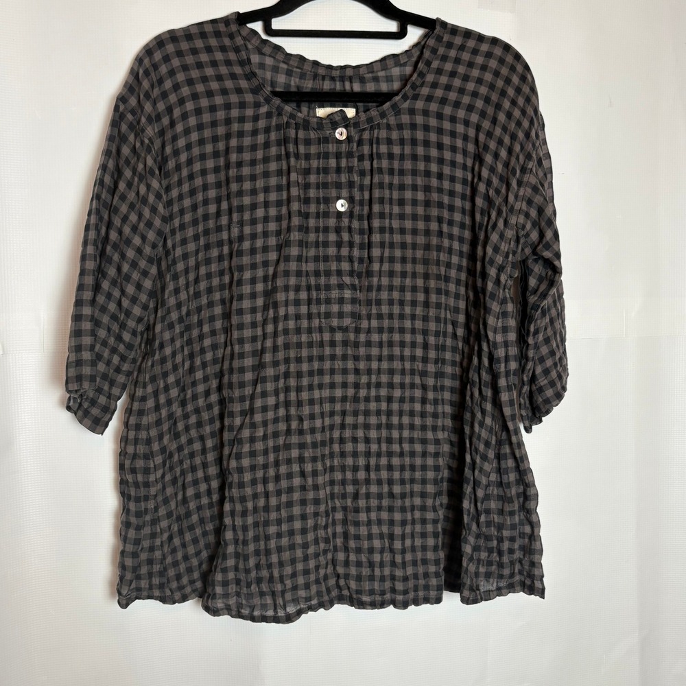 Jess Brown California Gingham Check Henley Top Black Brown 3/4 Sleeve Size 2